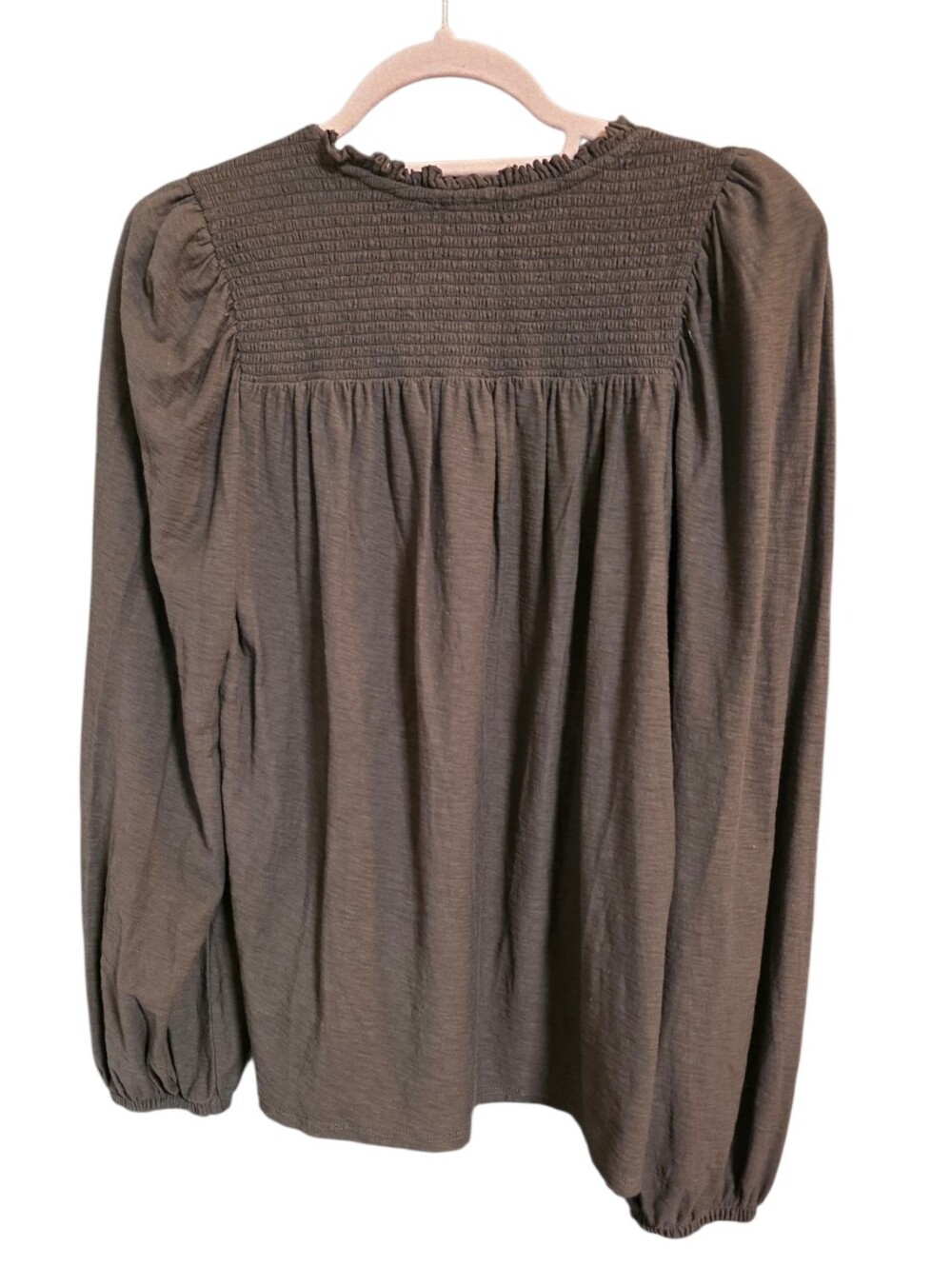Nation LTD Brown Lightweight Smocked Long Sleeved Neutral Puma Cotton Top - Picture 3 of 6